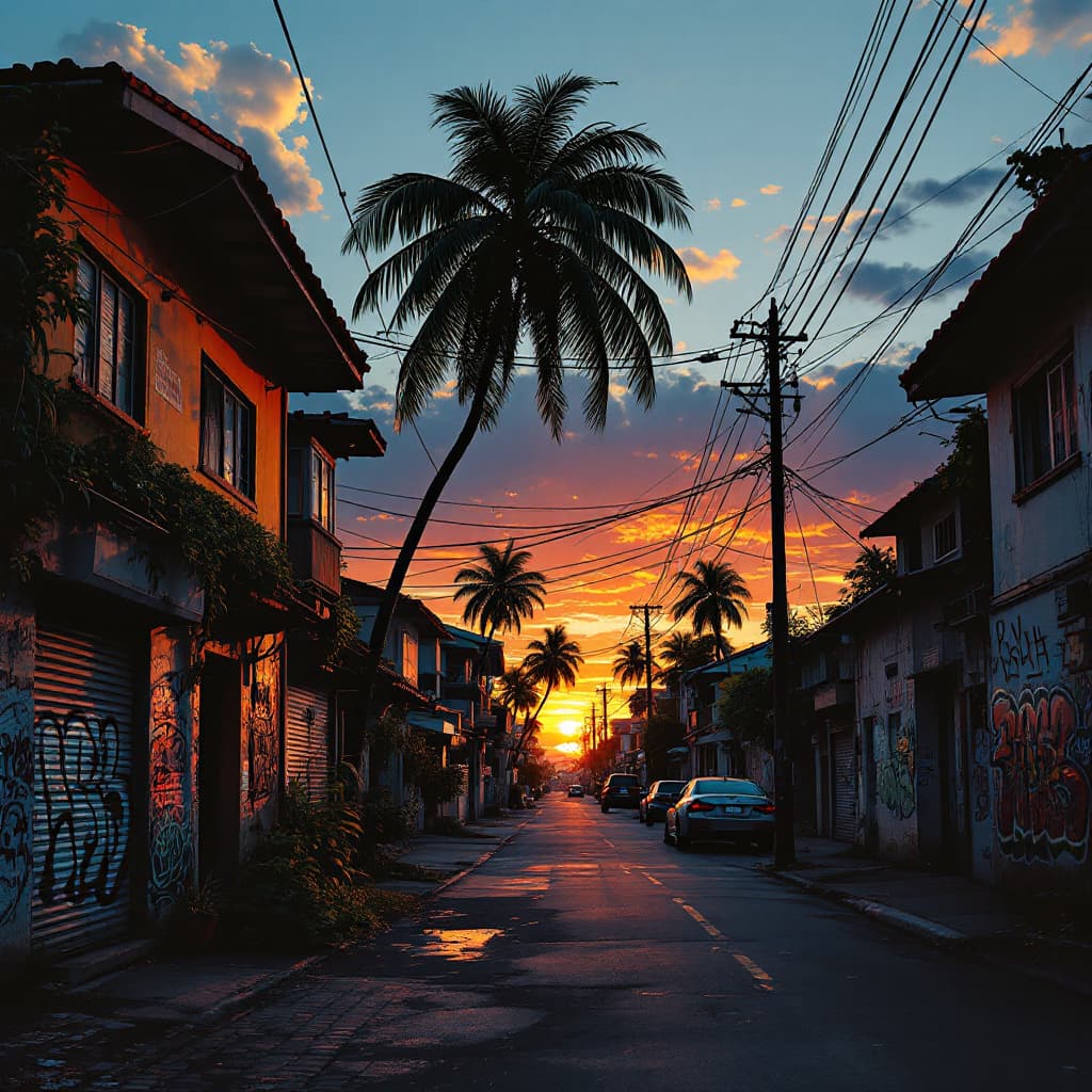 AI generated: Create a realistic image of a sunset in a tropical neighborhood with elements of a gangster neighbor...