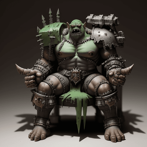 AI generated: Orc warboss, warhammer 40000, sitting on throne made of metal parts, in the style of Rembrandt