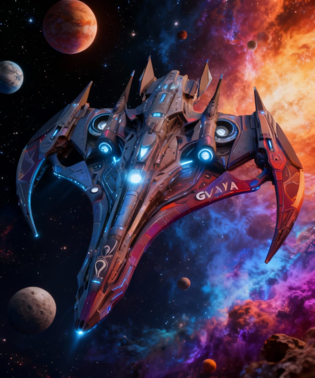 AI generated: Reimagine, in detail, the alien spaceship to show a new design. Reposition and add or change paint c...