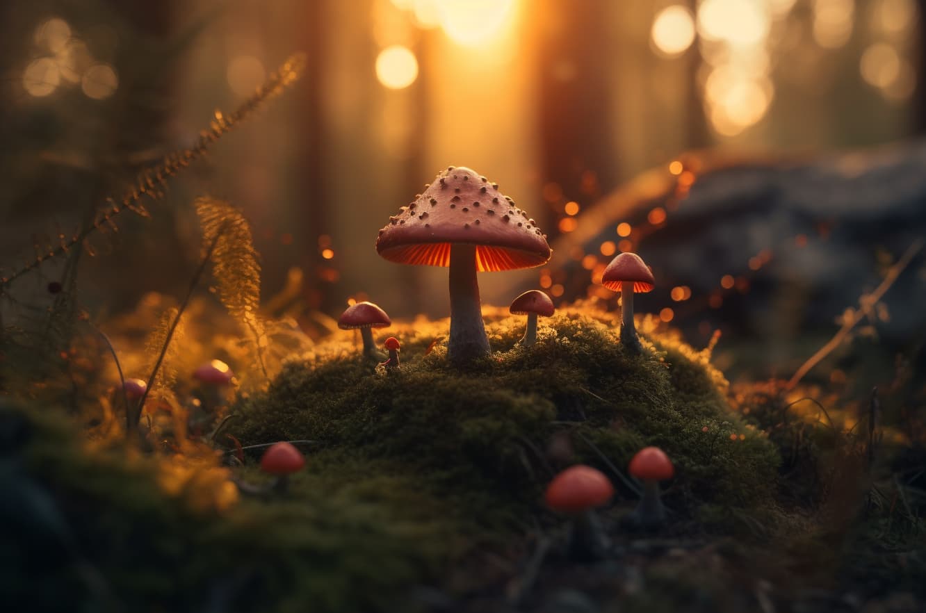 AI generated: a photo of a red mushroom during sunset in the forest with moss and ((small forest people)) --q 2 --...
