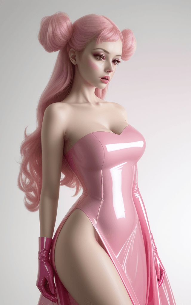AI generated: high-resolution glitching, full-close photo of an attractive dd-cup woman wearing a pink latex gown ...