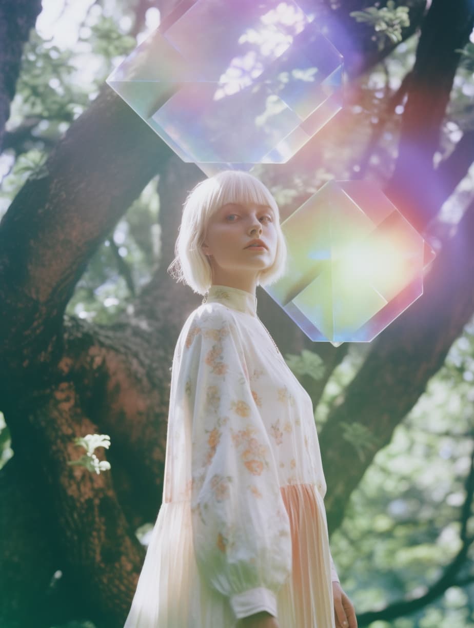 AI generated: a woman standing next to a tree in a forest, dichroic prism, margiela campaign, david hamilton, insp...