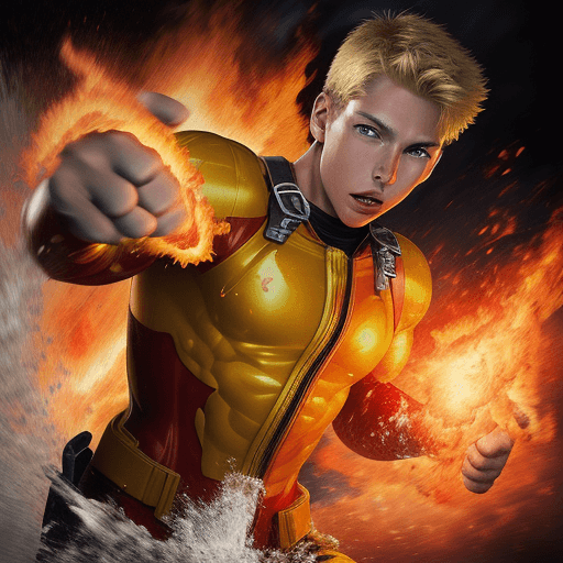 AI generated: firefighter fighting johnny storm, battle, water and fire, fighting in the air, expressive faces, ba...