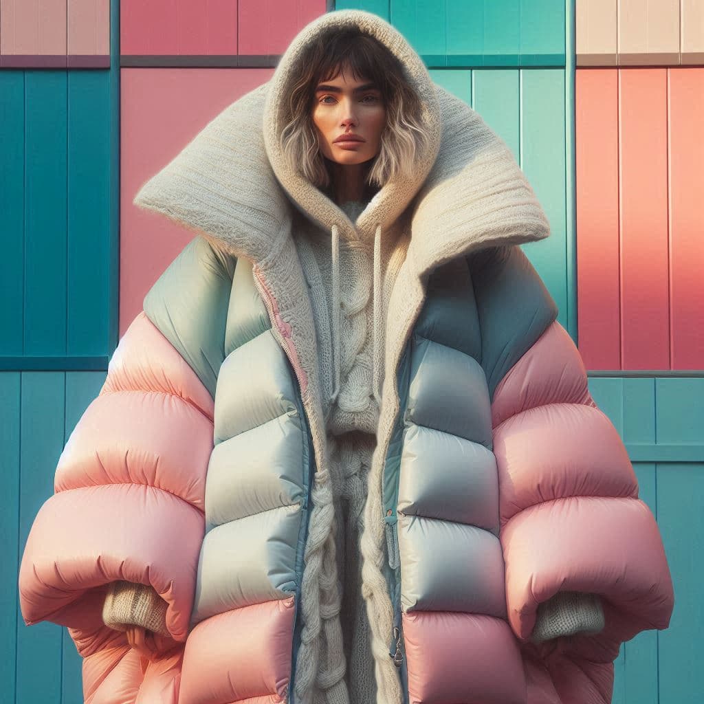 AI generated: a mid age woman wearing a poncho oversized puffer jacket, inspired by OffWhite, tumblr, inspired by ...