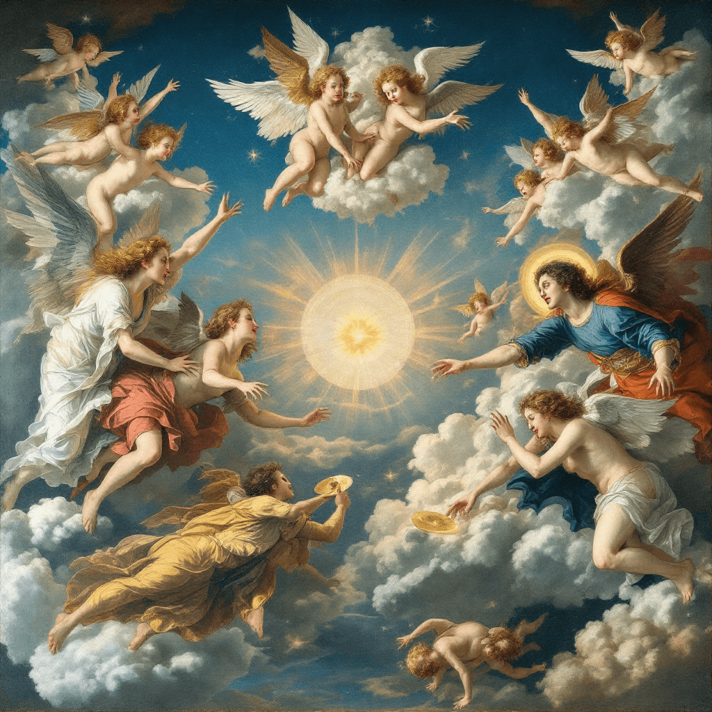 AI generated: Please create a masterpiece wide mural for a church ceiling, in renaissance style. a battle between ...