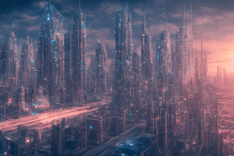 AI generated: super detailed city skyline future, 8k, sunset, spaceships