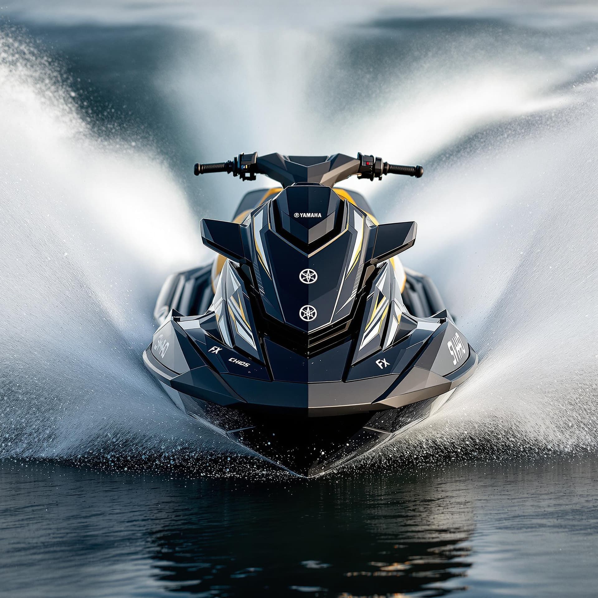 AI generated: photography, sports shooting, dynamic range, dynamic motion with yamaha fx svho jetski black in colo...