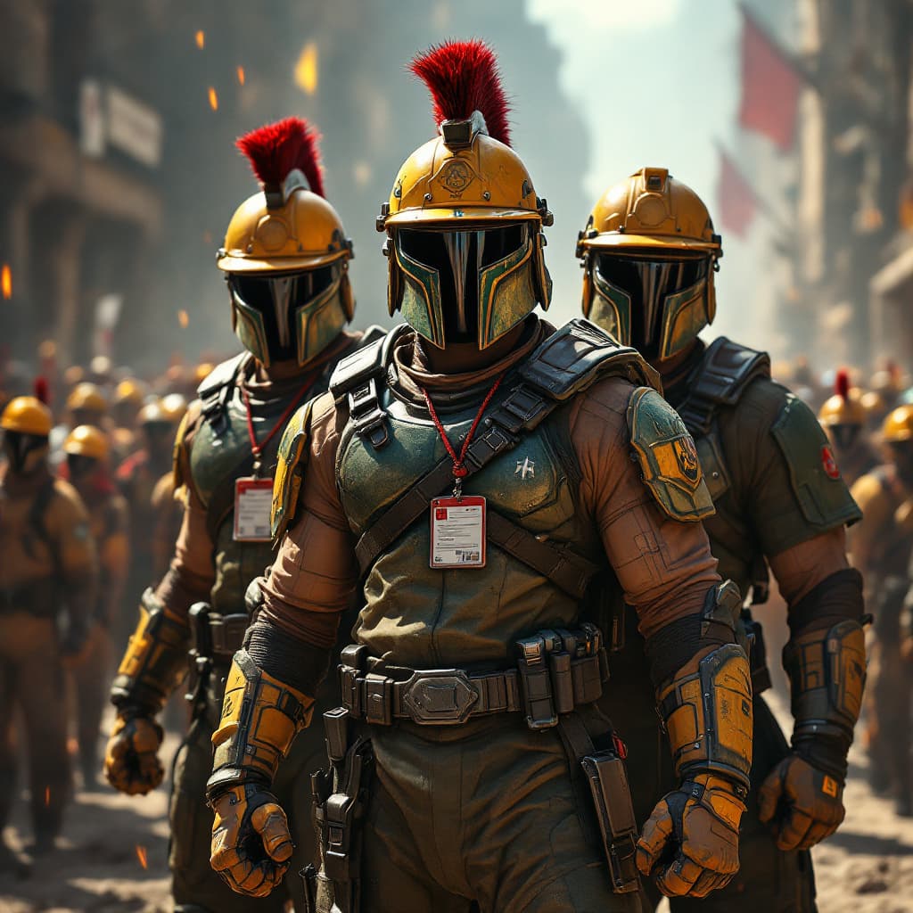 AI generated: 3 spartan in full battle gear standing facing exactly in front of camera, in the style of crimson an...