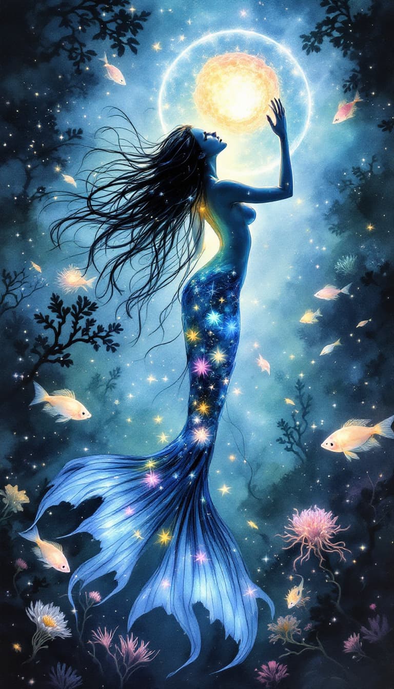 AI generated: Image is a hand painted watercolor ink wash and acrylic  Underwater themed, rebirth, new life, sea a...