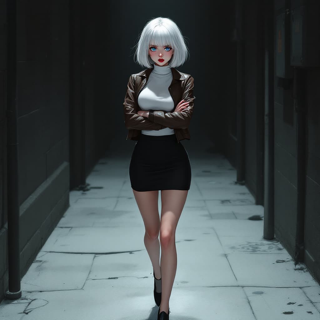 AI generated: anime, woman, white hair, bob cut, blue eyes, freckles, red lips, white turtle neck sweater, tight t...