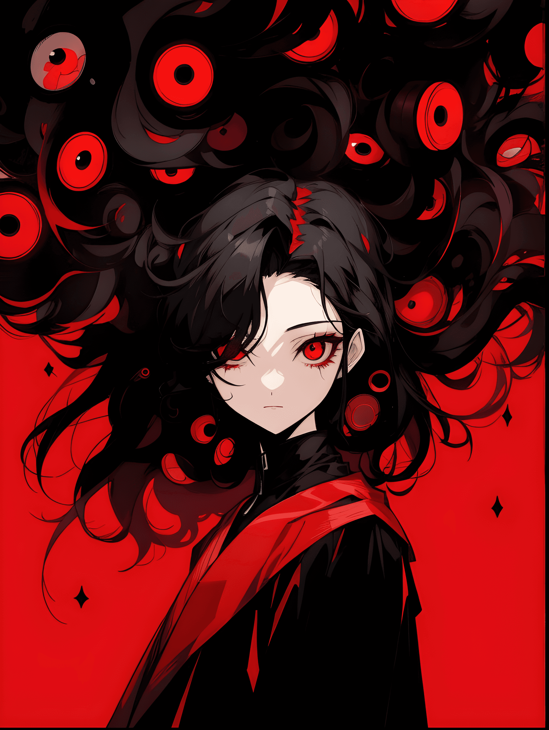 AI generated: a woman with black hair and red eyes, an anime drawing, serial art, red and black color palette, wit...