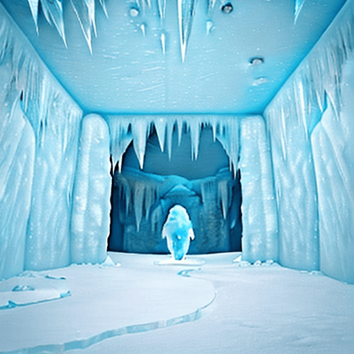 AI generated: I want an ice cave. I want to see a square in the middle, surrounded by thick, large and many icicle...