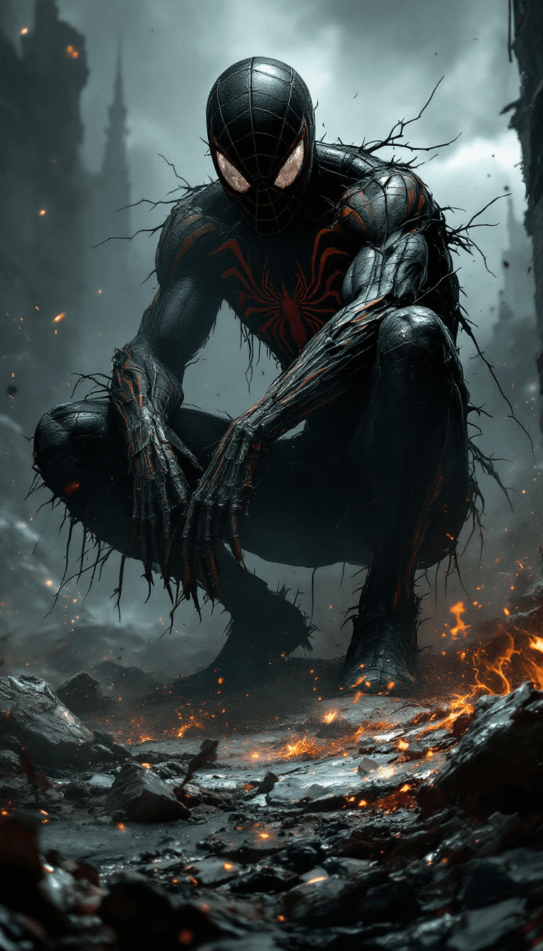 AI generated: The evil spiderman. bleak, post-apocalyptic, somber, dramatic, highly detailed, dramatic, mysterious...