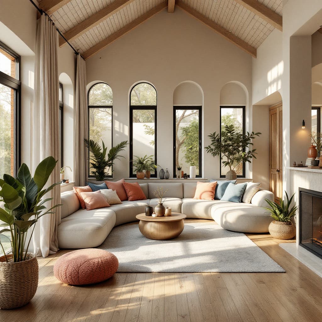 AI generated: High resolution photography interior design, dreamy sunken living room conversation pit, wooden floo...