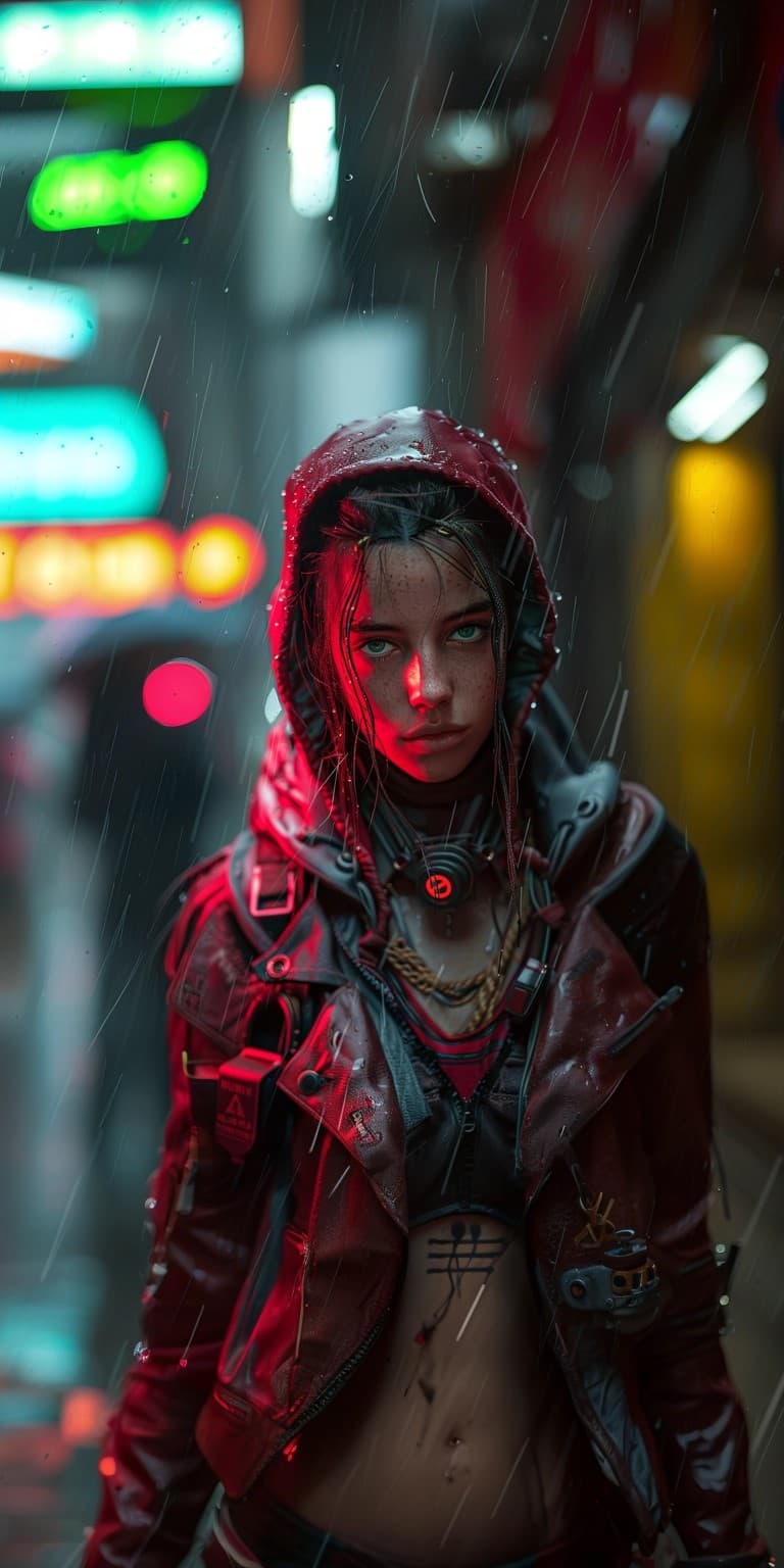 AI generated: shadowheart from Baldurs gate 3 as a cyberpunk edgerunner, Street photography --ar 1:2 --Stylize 752