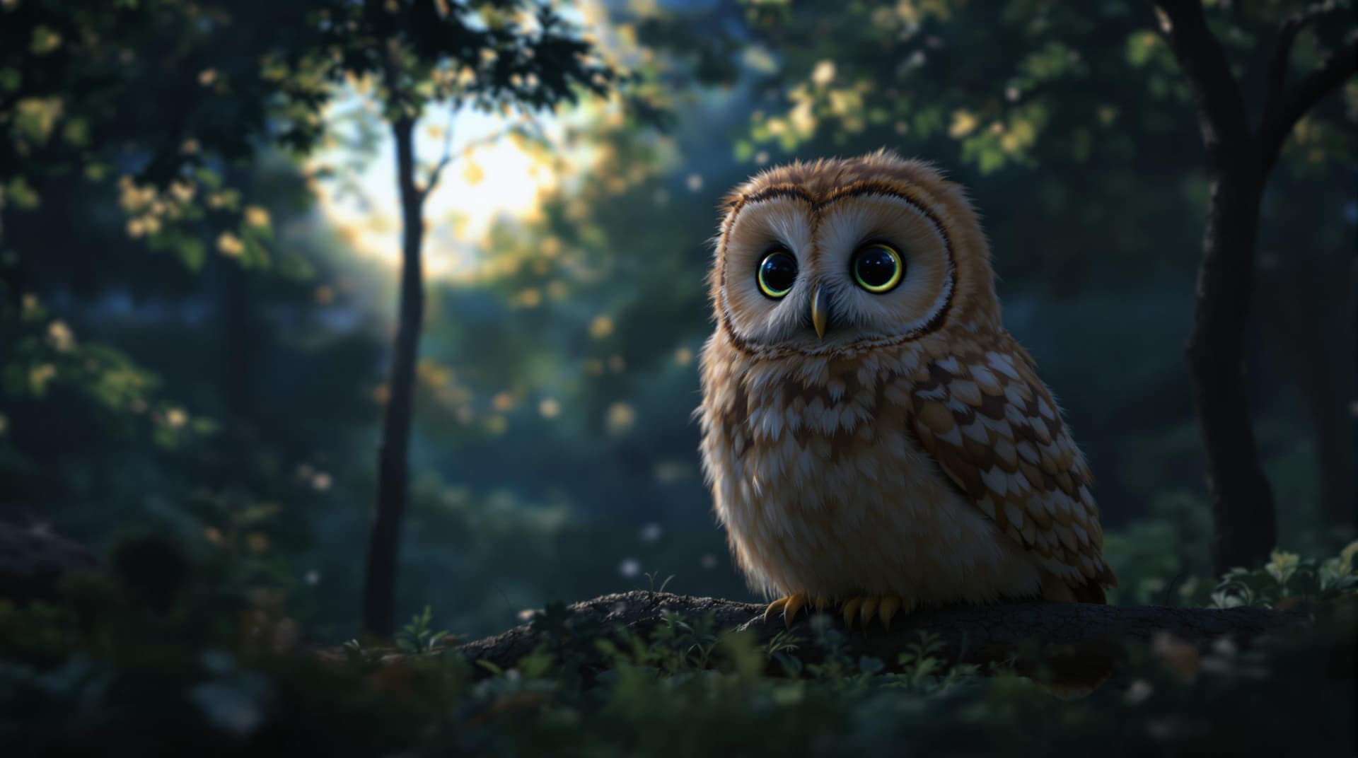 AI generated: fluffy owl sitting in the trees looking at camera, beautiful background, forest, octane render, nigh...