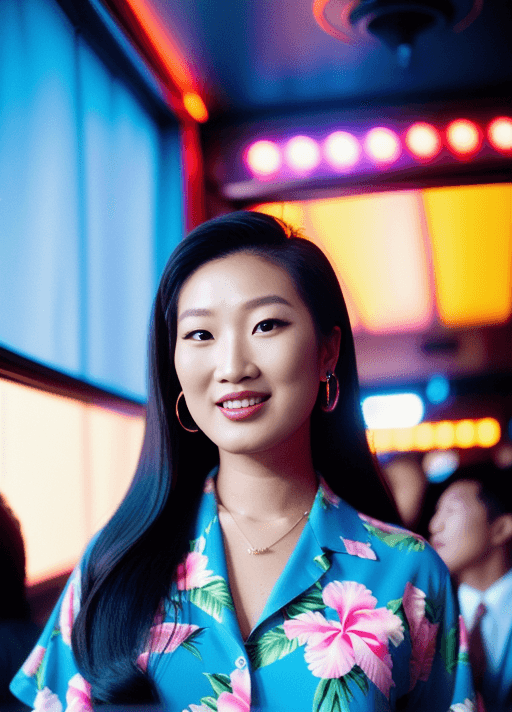 AI generated: peggy gou | (detailed face and eyes: 1.3) | high angle | ((having fun at the disco club)) | (wearing...
