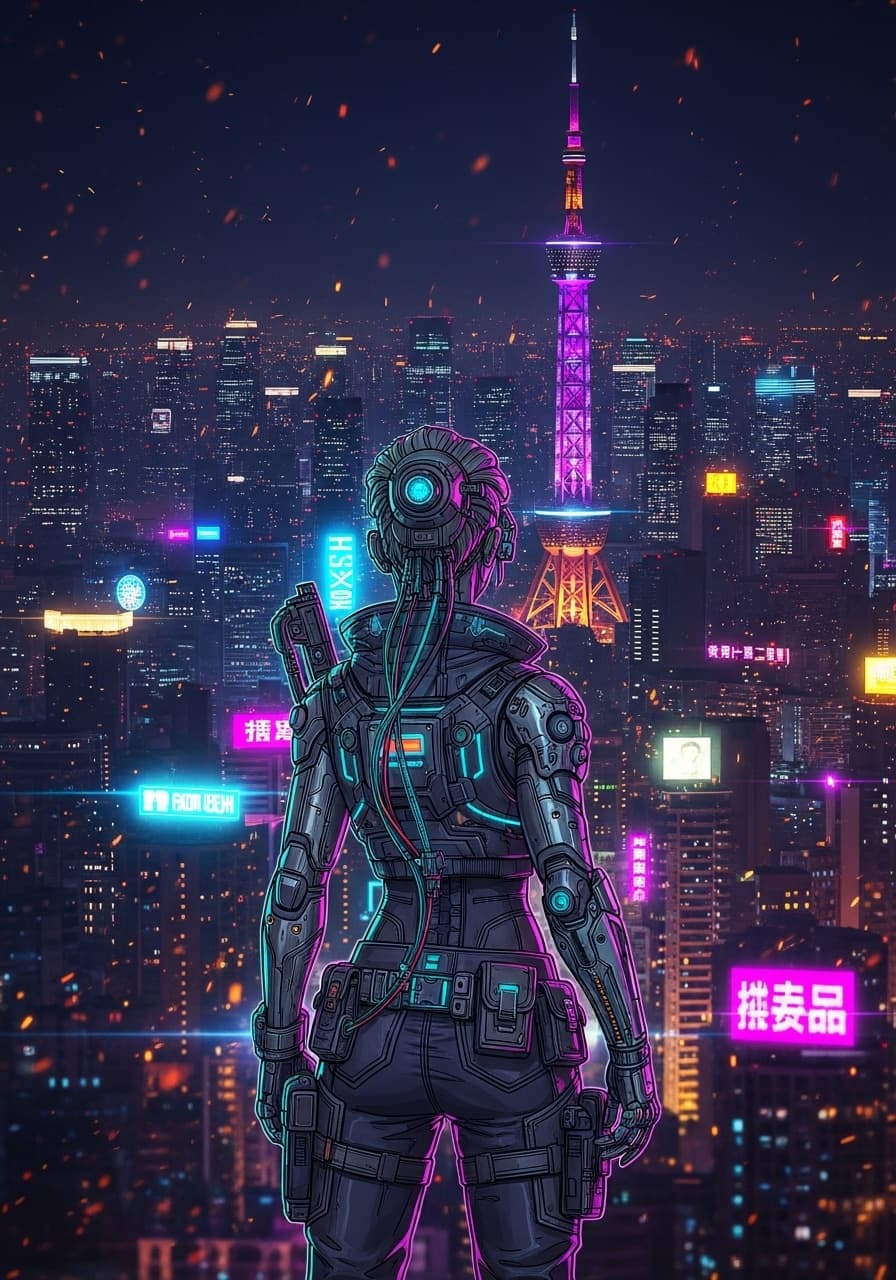 AI generated: A visual stunning photo of a female cyberpunk looking over tokyo skyline |centered| key visual| intr...