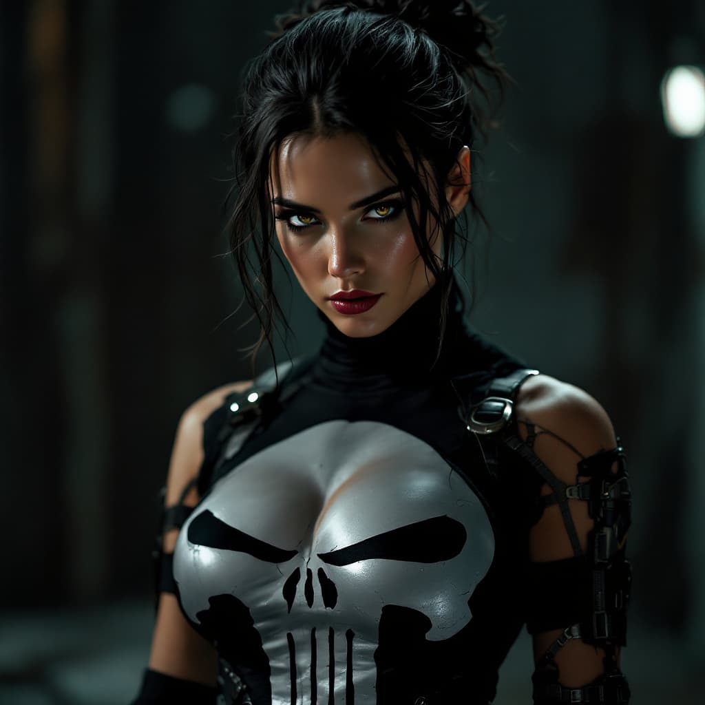 AI generated: female dressed as Punisher, (((full body visible))), looking at viewer, portrait, photography, detai...