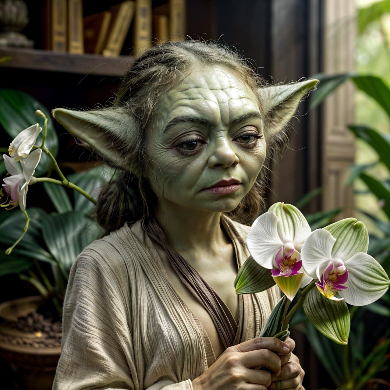 AI generated: (yoda) in love, holding (orchids:1. 1), 8k, hyperrealistic, highly detailed, digital painting, 8k, c...
