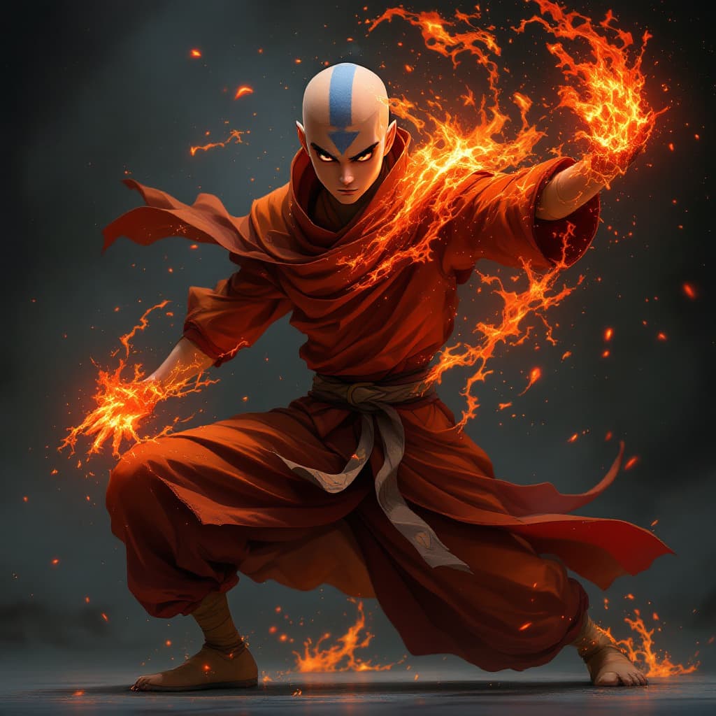 AI generated: avatar aang, the last airbender, in the style of furaffinity, orange robes, red, #vfxfriday, massurr...