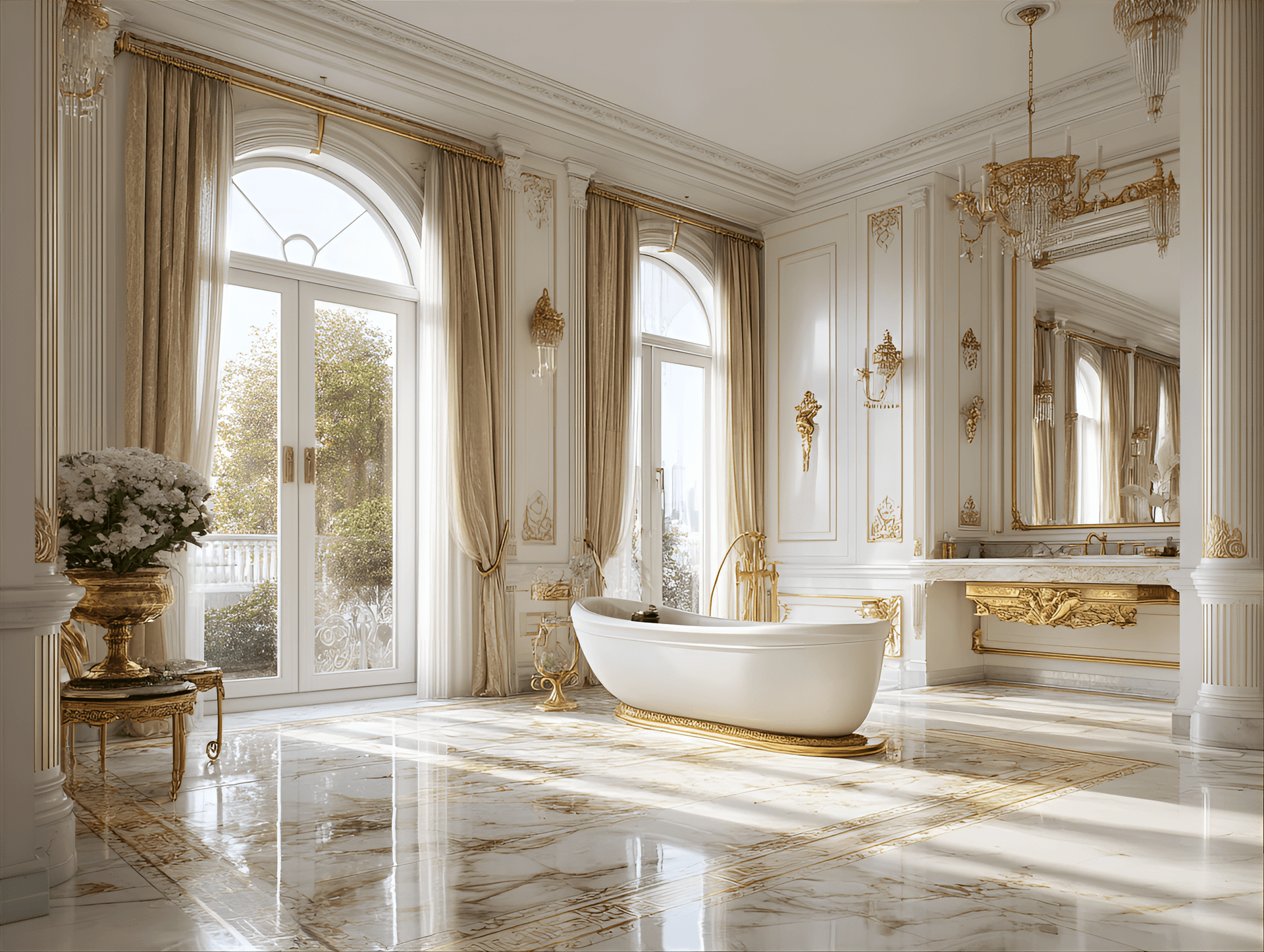 AI generated: A luxurious and elegant bathroom in a Neoclassical-style mansion, with marble floors, a freestanding...