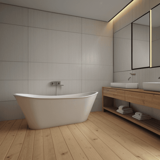 AI generated: High resolution photography interior design, , wooden floor, bathtub,clean cut geometry,3ds max corn...