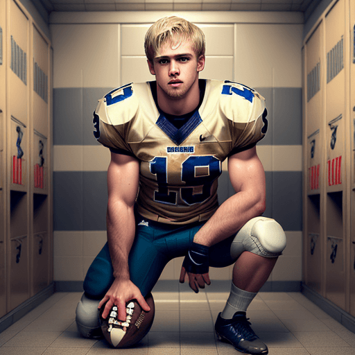 AI generated: caucasian american football player, short blonde hair, attractive rugged face, crouching in football...