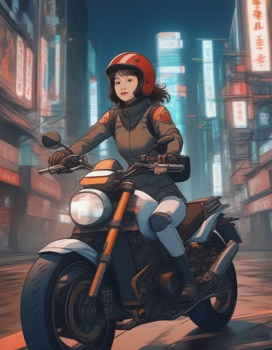 AI generated: a woman wearing helmet, riding motorcycle in the city of neotokyo, akira anime style, 80's anime sty...