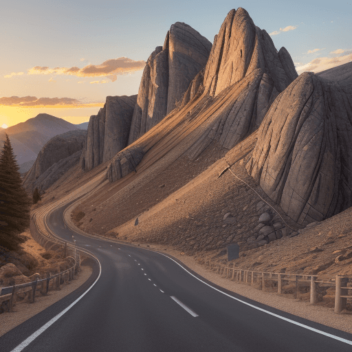 AI generated: A detailed photo of a mountain road (winding through a rugged landscape) during the golden hour, cap...