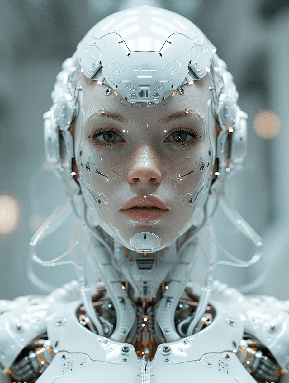 AI generated: portrait of futuristic bionic kyborg woman, front view, symetrical photo, luminescent synthesis, bio...