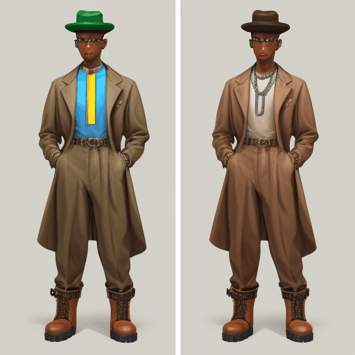 AI generated: Henry from Zoot Suit in color brown baggy zoot suit with cross chain around neck with a pair of timb...