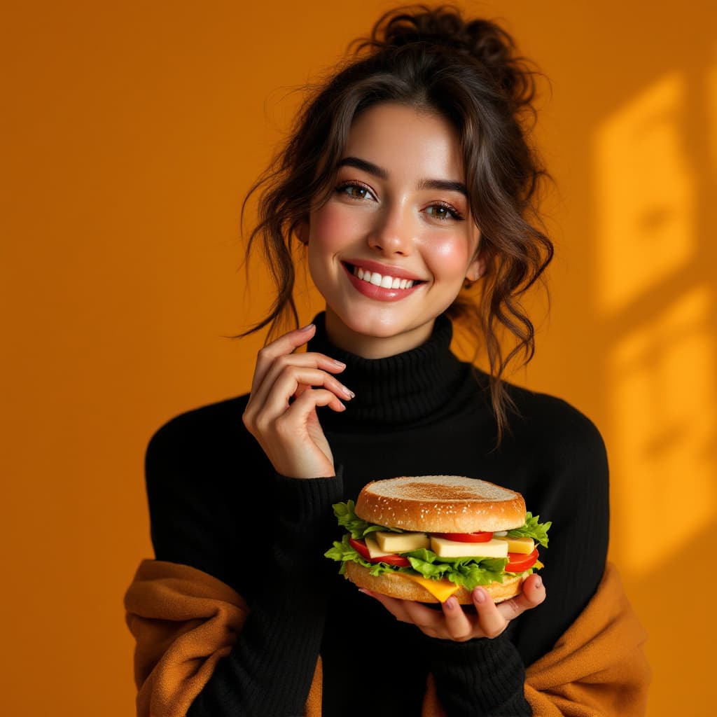 AI generated: Create a realistic and vibrant image of a young and cheerful model enjoying a natural sandwich, in a...