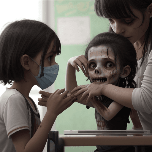 AI generated: muestrame a niños hullendo de un zombi en un salon enorme de clases