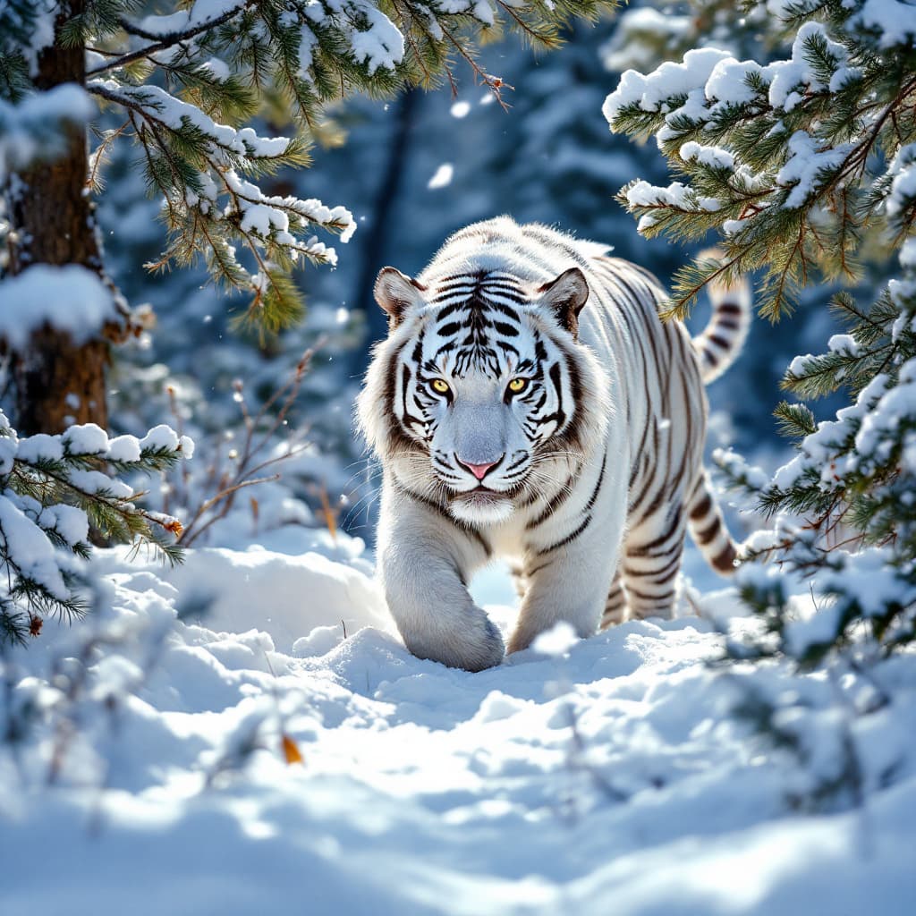 AI generated: A white tiger in 3 feet of snow.  In the Tennessee mountains surrounded by pine trees.  The tiger is...