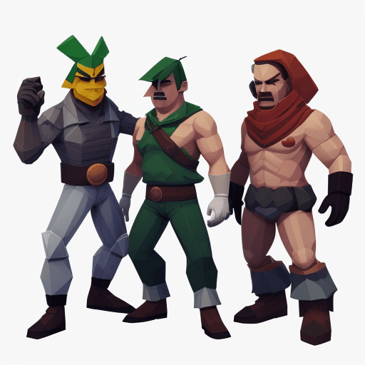 AI generated: 1980 game characters, Cell shading low poly