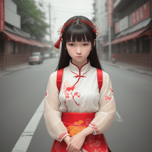AI generated: girl with AKIHIKO written on her clothes standing on the road surrounded by red flowers, with Chines...