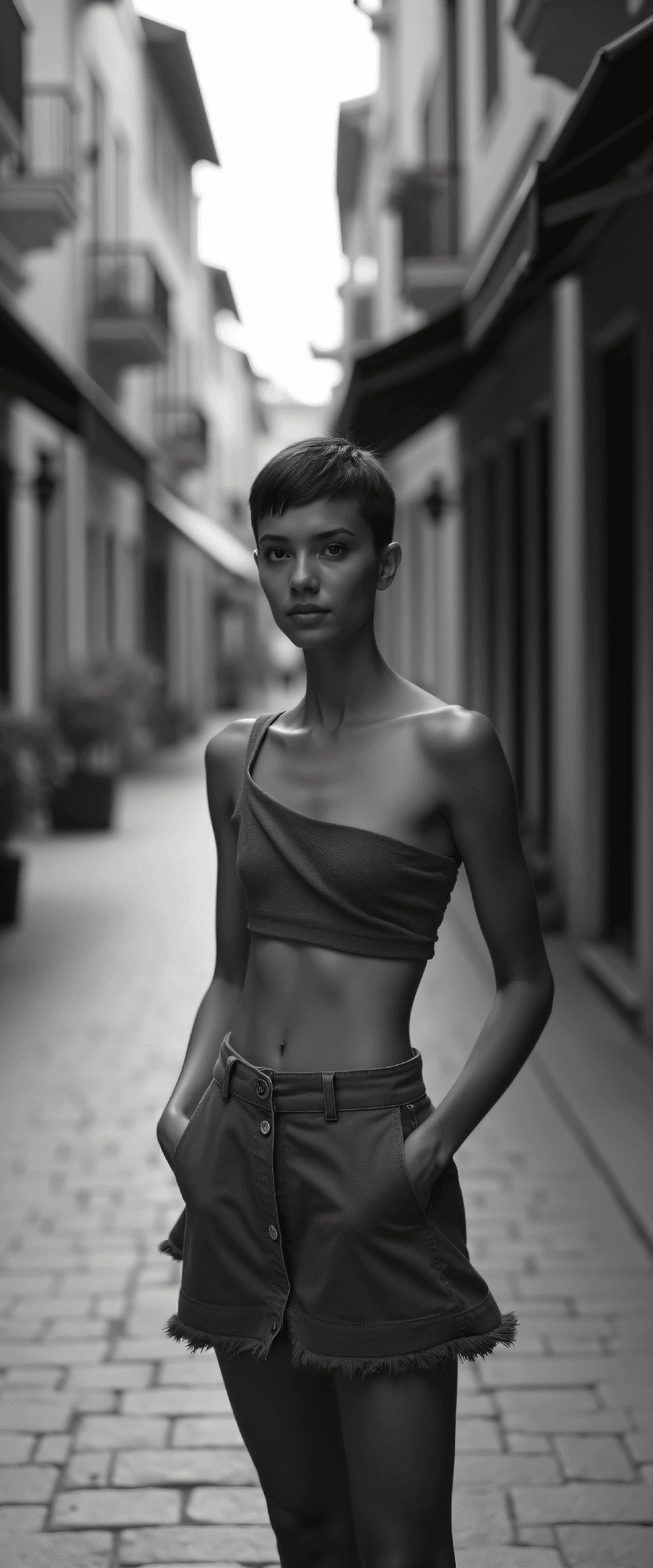 AI generated: black and white photography, Street fashion full body photo of a 24-year-old Maasai-MÄori female cl...