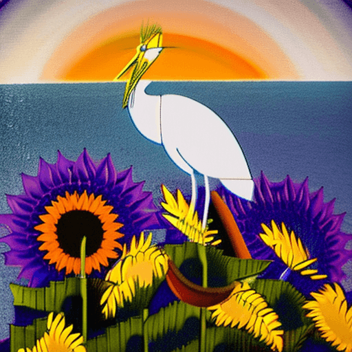AI generated: In the image, you can see a white heron elegantly perched on a deep royal blue roof. In the backgrou...
