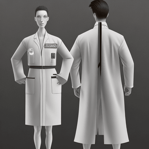 AI generated: Facility admin, lab coat, formal, female, long pants, full body, model sheet, turn around, full colo...