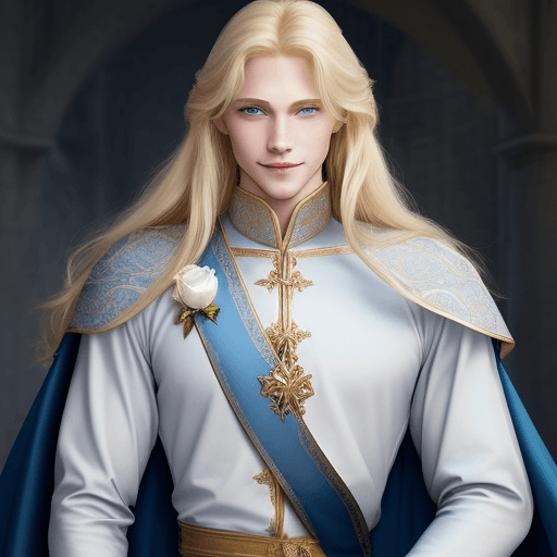 AI generated: generates a prince charming, blond with blue eyes and long hair, tall and muscular, chivalrous with ...