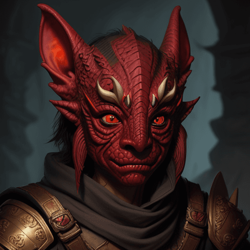 AI generated: Fantasy, DND, kobold, male, red skin, red eyes, wearing mask, messy, detailed face
