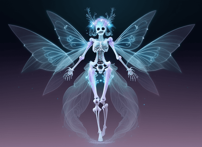 AI generated: full body image of a fairy, fairy skeleton diagram, wing skeleton and anatomical details,

, breatht...