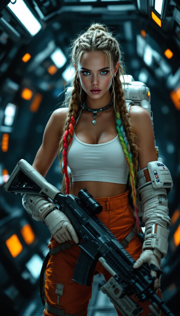 AI generated: Hyper realistic Margot Robbie as astronaut woman, white snickers, full STRAIGHT body view, tank top,...