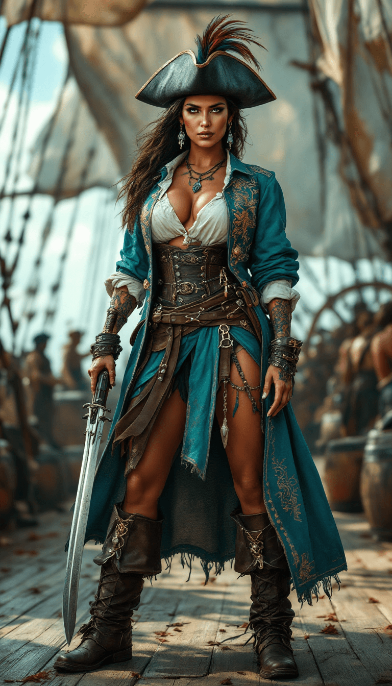 AI generated: A commanding Mexican Caribbean female pirate captain stands tall with curvy figure, ample natural ch...