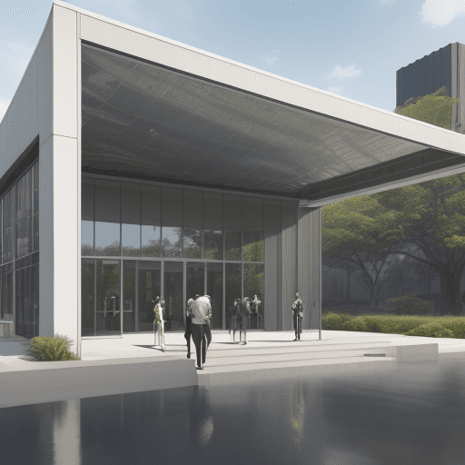 AI generated: Exterior facade with a modern style, of a single-story art gallery or pavilion, positioned on a 60-m...