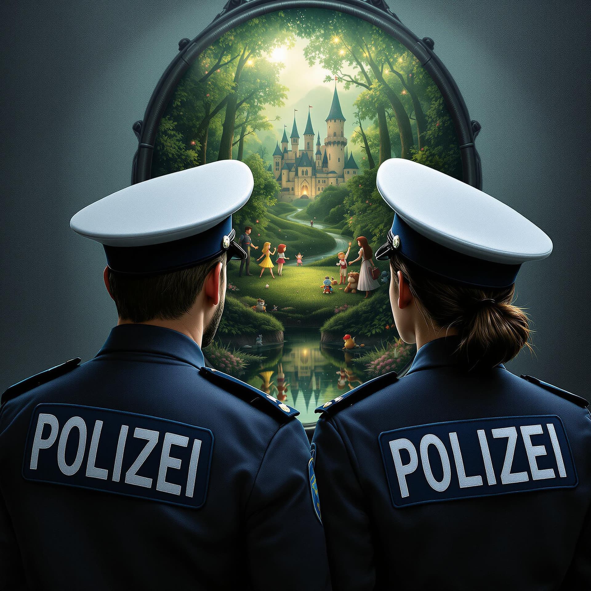 AI generated: Photorealistic image of a male and a female Police Officer with the writing POLIZEI on their backs i...