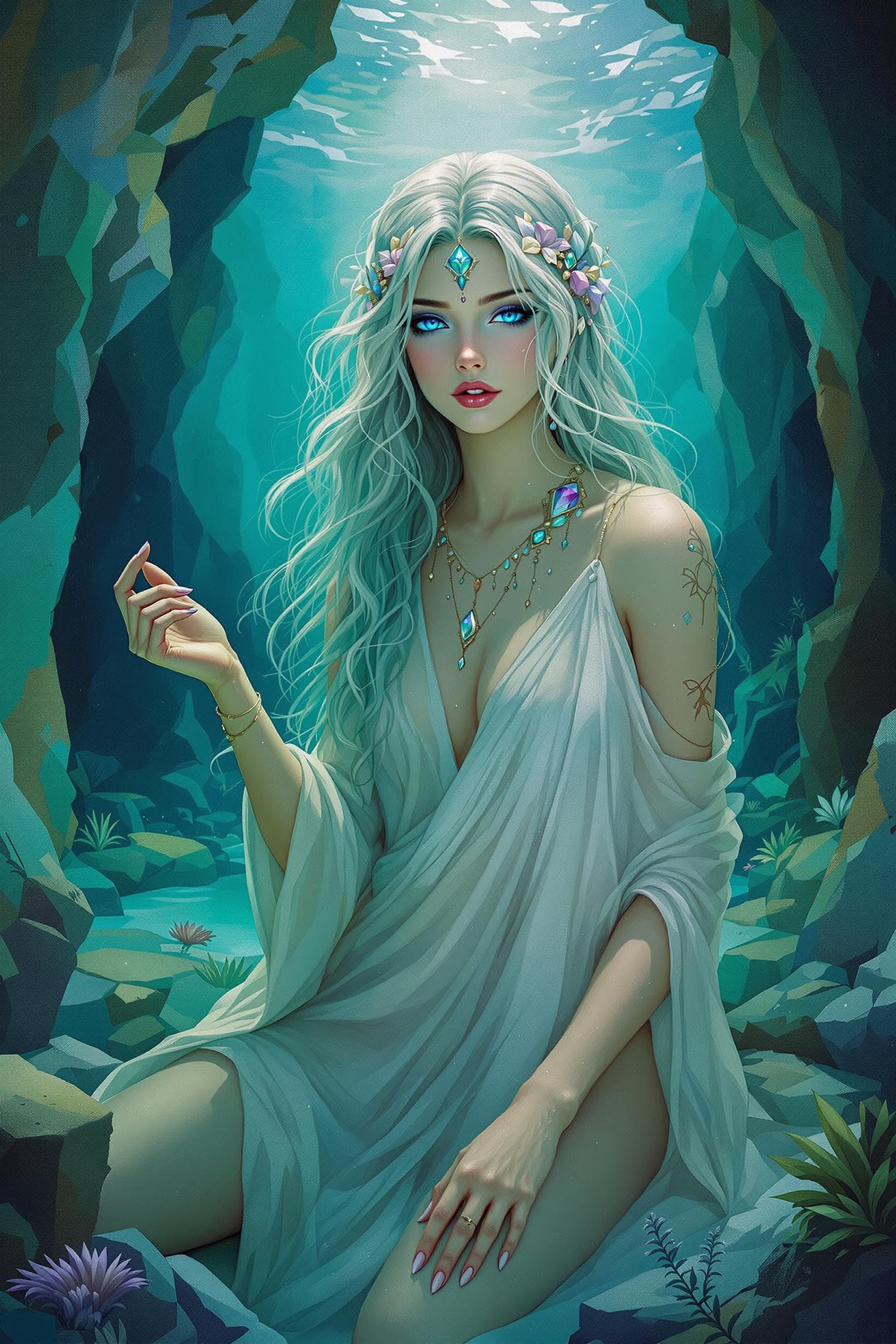 AI generated: Aquamarine Oracle in a Sunken Grotto" : une peinture abstraite captivante présente un oracle, incarn...