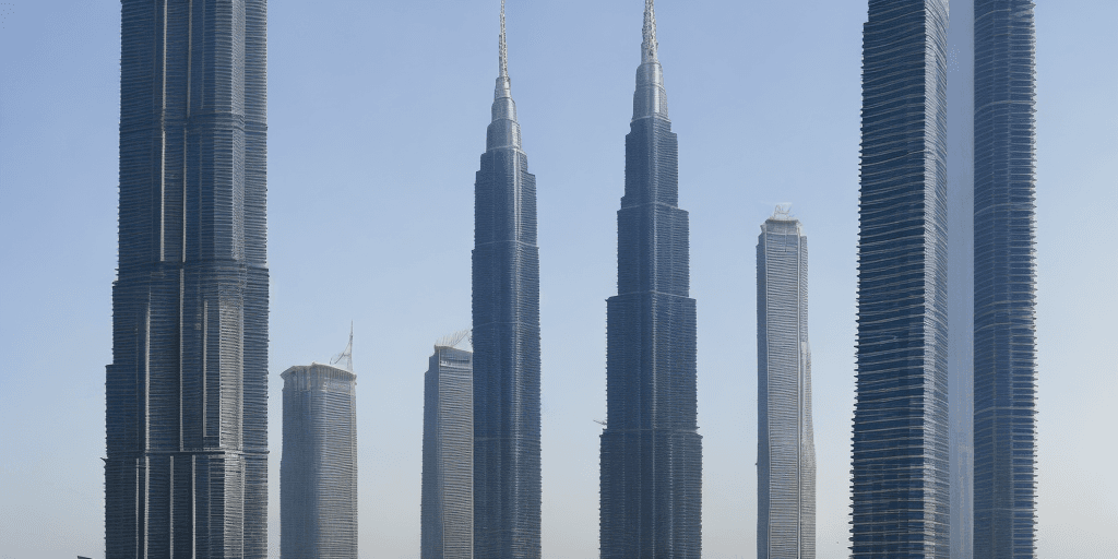 AI generated: A photo of an ultra-modern single-column tower built 6000 floors high, using 50 million sea containe...