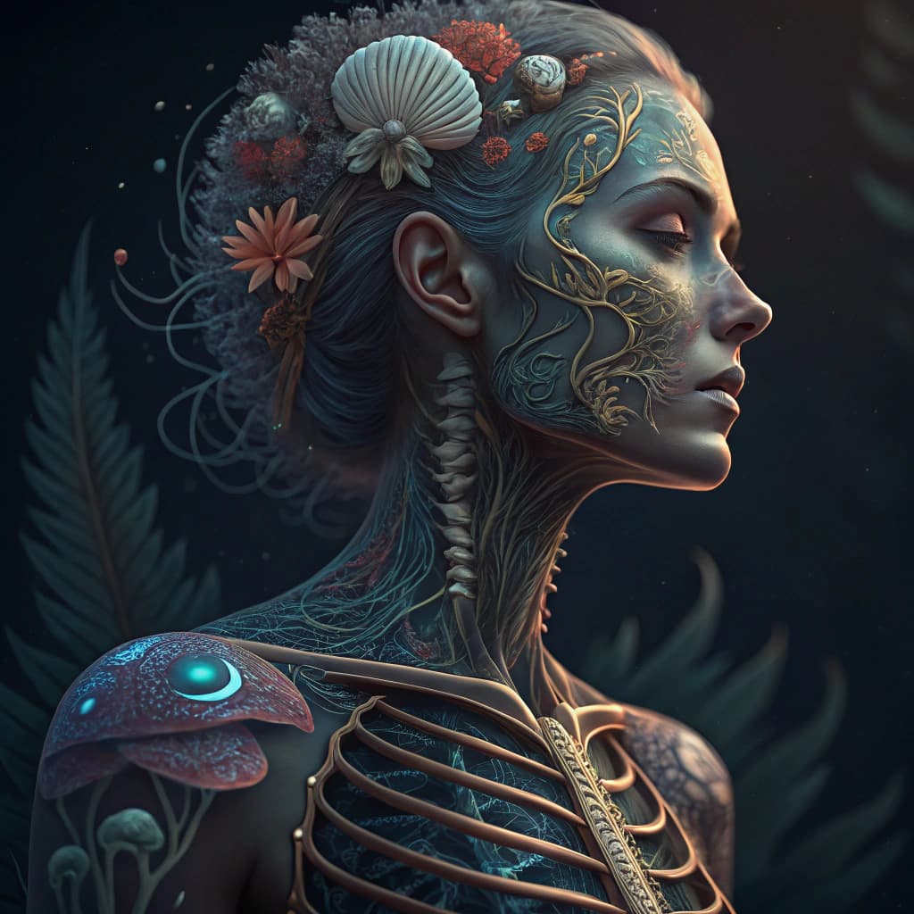 AI generated: Goddess close-up portrait ribcagel. jellyfish phoenix head, nautilus, orchid, skull, betta fish, bio...